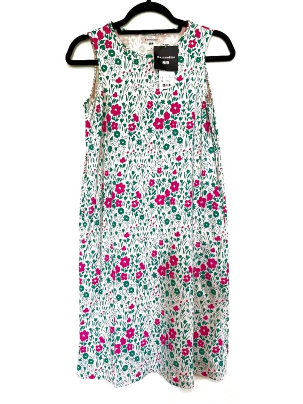 Uniqlo + Marimekko Sun Dress Kids Sz 13 Green Pink Ditsy Floral Cotton Pockets